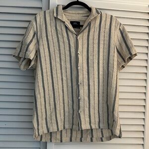 Men’s Knit Button Down Shirt, cream with navy stripes, size small